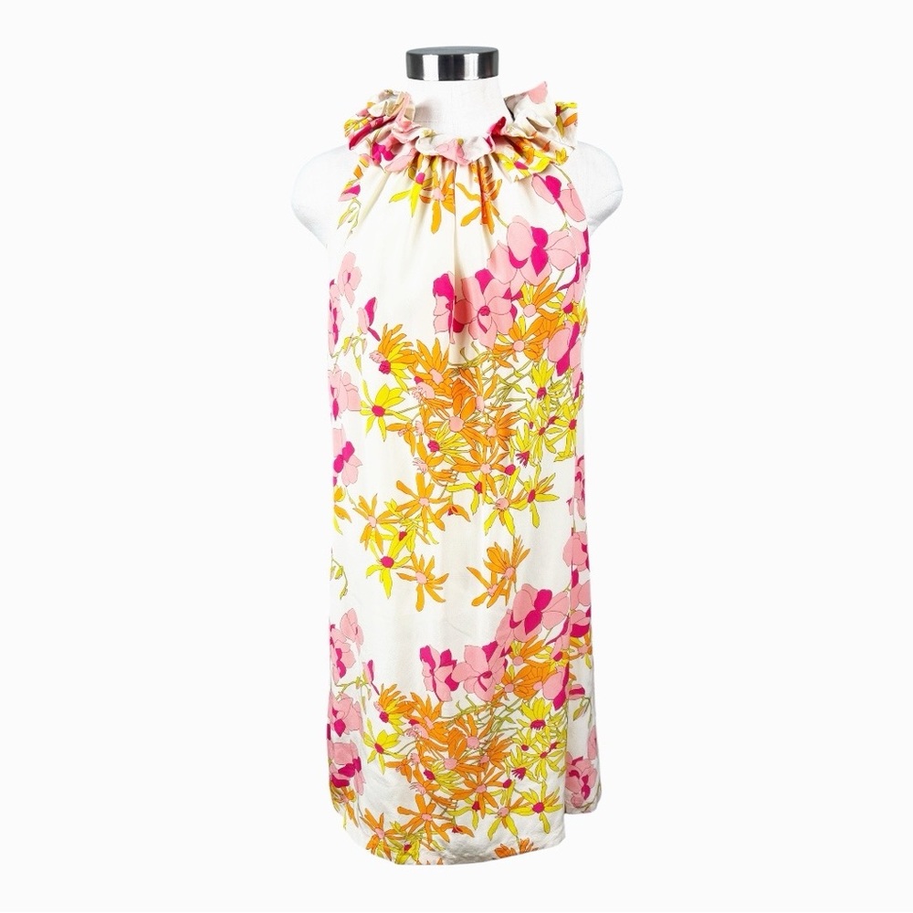 Sara Campbell Silk Sleeveless‎ Ruffled Neck Floral Print Dress Size Small
